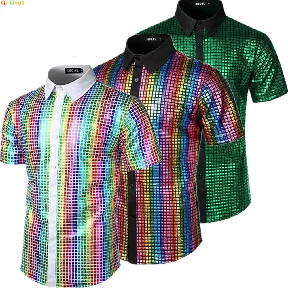 Summer Men's Disco Party Short Sleeve Shirt, Red Gold Blue Black Available, Fashion Casual Shirts