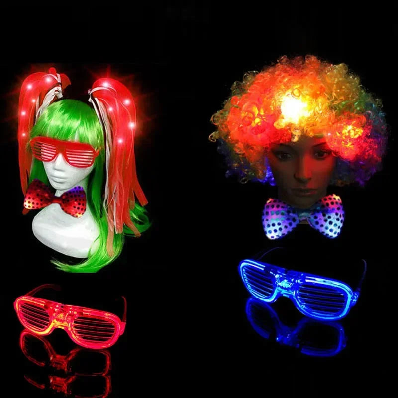 Glow Hair Braid Glasses Blink Bow Light Curly Party Clown Explosion Wig Cosplay Birthday Costume Christmas Halloween Festival