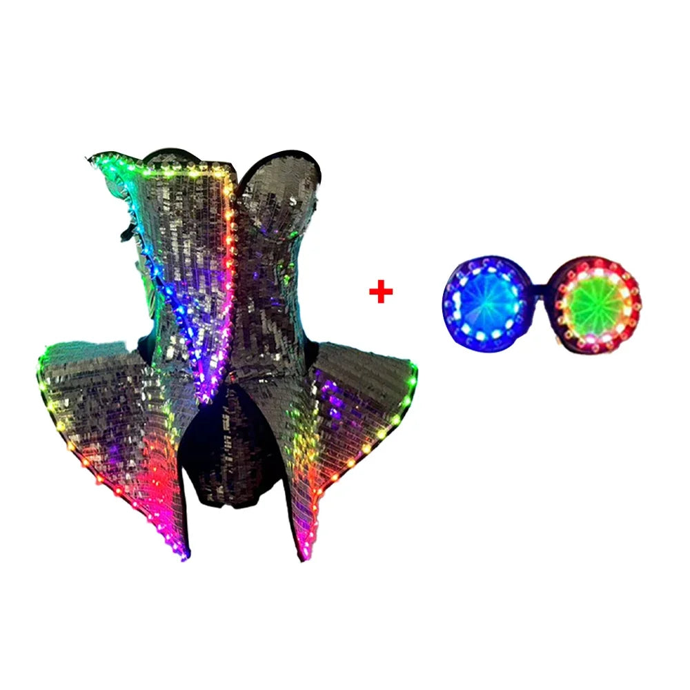 Women LED Luminous Costume GOGO Dancer Performance Dress Woman Rave Fashion Outfits Nightclub Tron Dance Party