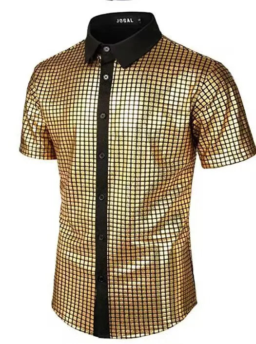 Summer Men's Disco Party Short Sleeve Shirt, Red Gold Blue Black Available, Fashion Casual Shirts