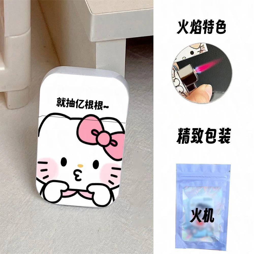 Gift Set Hello Kitty Turbo Gas Lighter, Pink Fire Windproof Metal Flip Cover Women's Lighter Jet Flame, Smoking Accessories