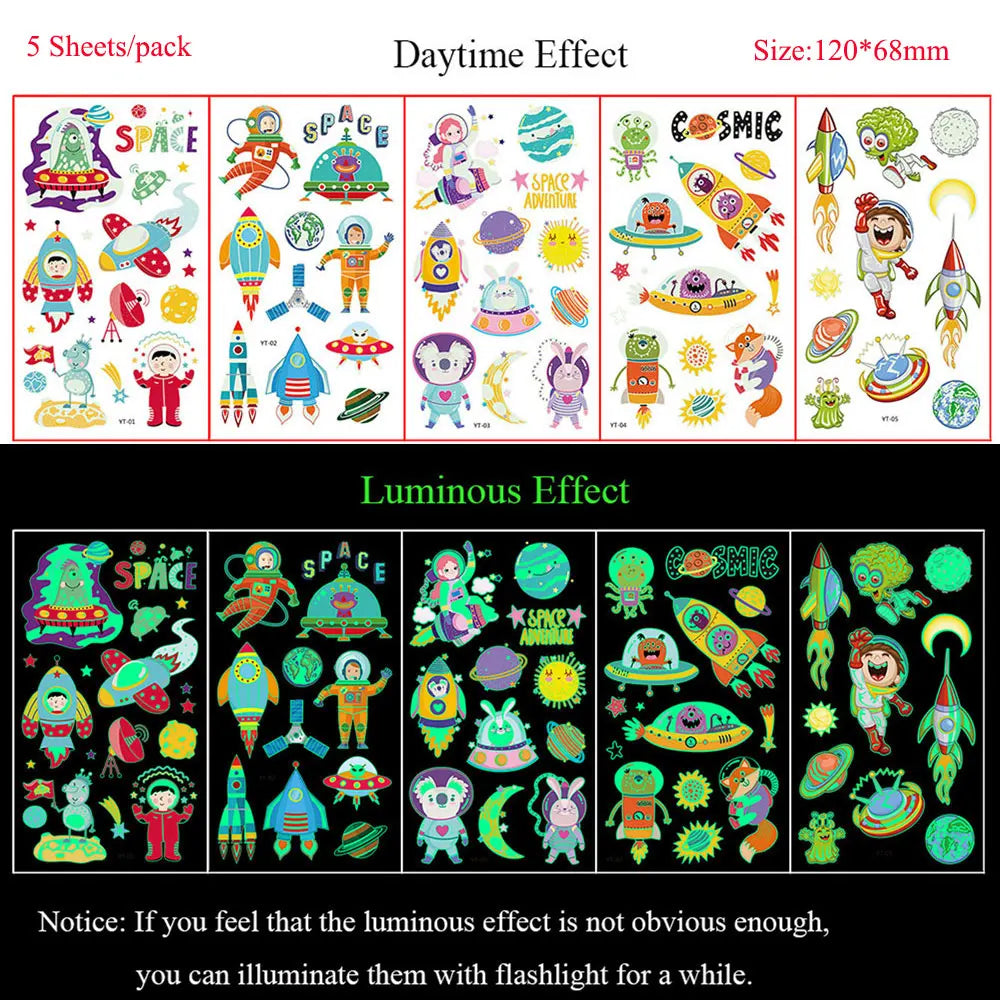 5 Sheets Luminous Tattoo Stickers Temporary Colorful Animal Dinosaur Tattoo Fake Tattoo for Body Hand Face
