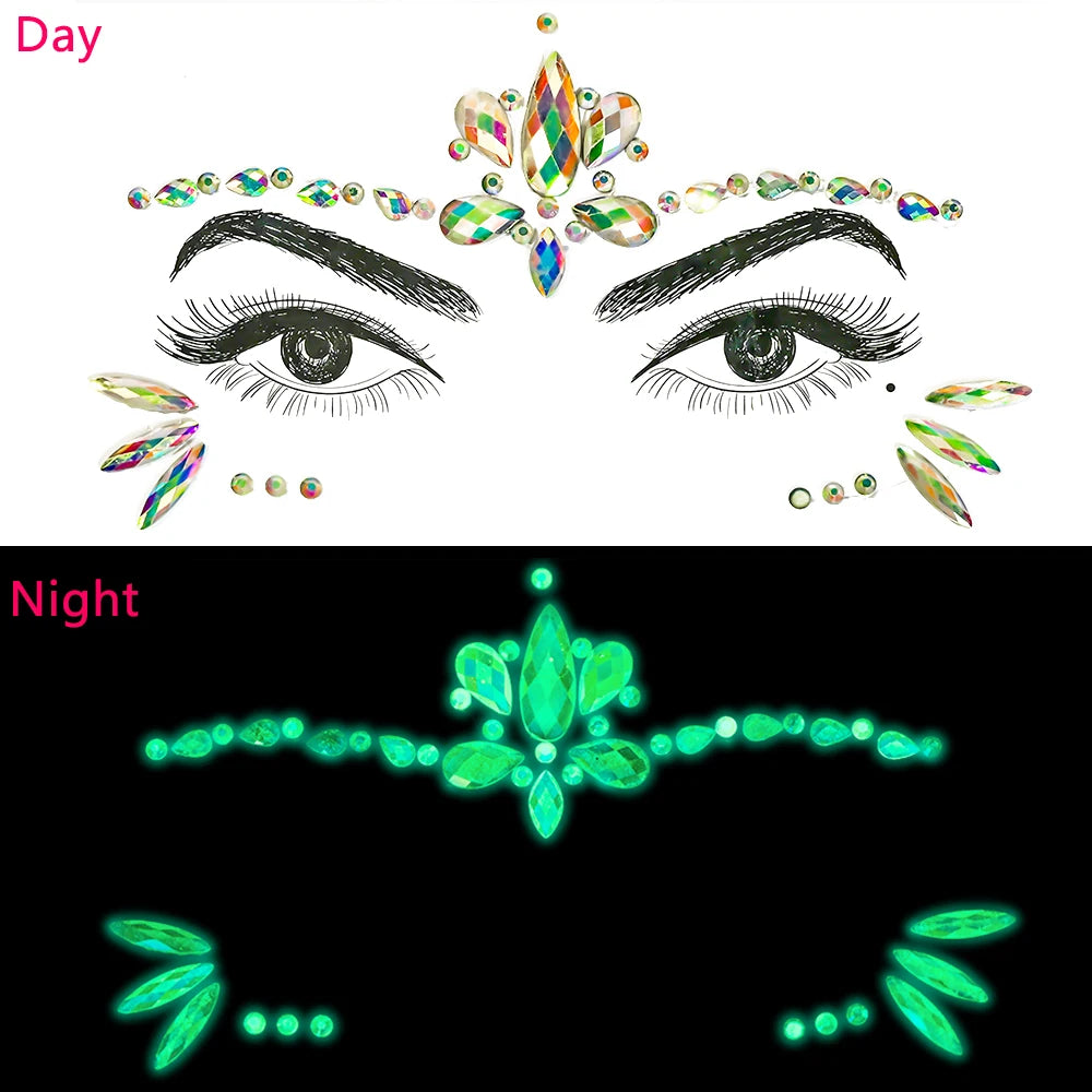 1pc 5D Fluorescence Glitter AB Water-Drop Tear Rhinestone Face Sticker Glow-In-Dark Crystal Face Slider DIY Party MakeUp Daimond