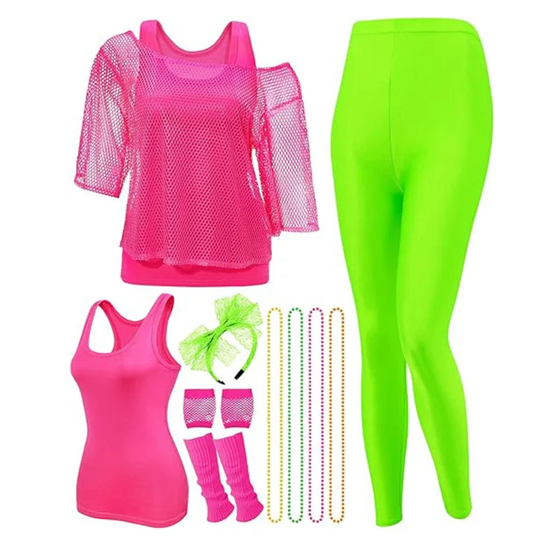 80's Women Retro Costume Set Women's 80s Leggings Fishnet Neon Shirt with Leg Warmers Necklace Bracelet Halloween Cosplay Outfit