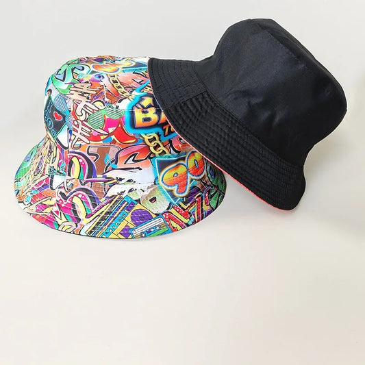 Graffiti bucket hat double-sided wearing retro sunshade sunscreen hat men and women outdoor versatile hip-hop printed pot hat