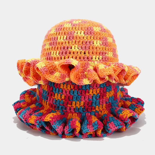 Ruffle Edge Knitted Bucket Hat Cross-border Hot Sale Hand Crocheted Hat Fashionable Colored Frilly Wool Bucket Hat