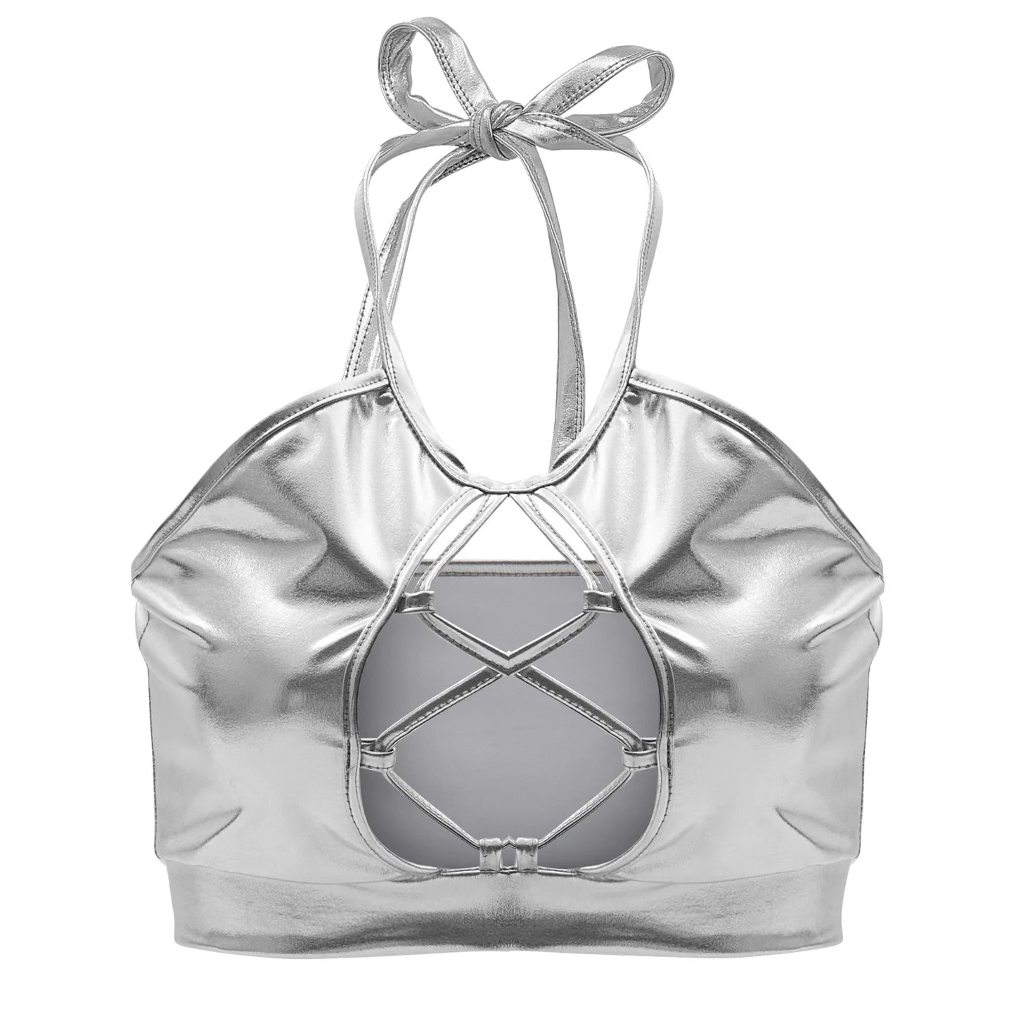 Sexy Shiny Bra Crop Tops Vetement Pole Dance Clothes Holographic Costumes Womens Festival Roupa Metallic Rave Bra Halter Wetlook