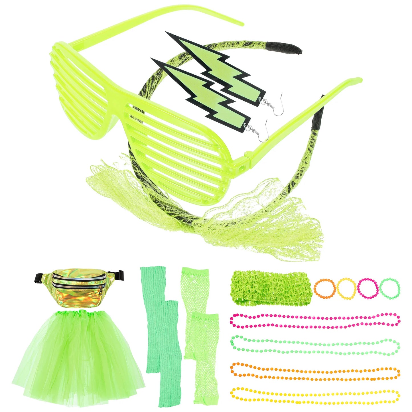 Neon Retro Costume Set Women 80s Party Accessories Pink Mesh Gloves Headb Rabbit Skirt Necklace Bracelet Pouch Prom Disco
