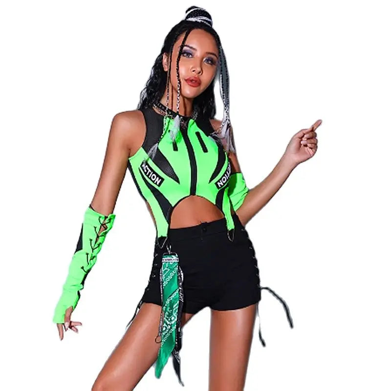 2023 New Fluorescent Green Tops Black Shorts Kpop Outfits For Girls Group Jazz Dance Costumes Pole Dance Rave Clothes