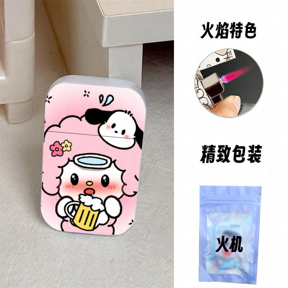 Gift Set Hello Kitty Turbo Gas Lighter, Pink Fire Windproof Metal Flip Cover Women's Lighter Jet Flame, Smoking Accessories