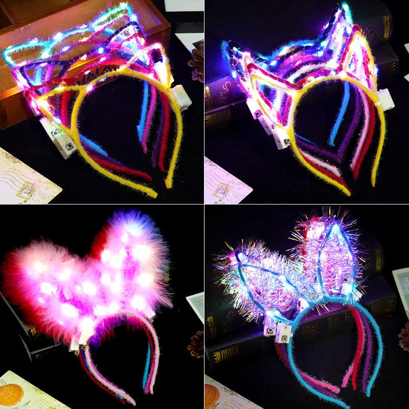6/12/24 pcs Led Glow Cat Bunny Ear Horn Hairbands Light Up Flash Headband Women Girl LED Neon Birthday Wedding Party Supplies