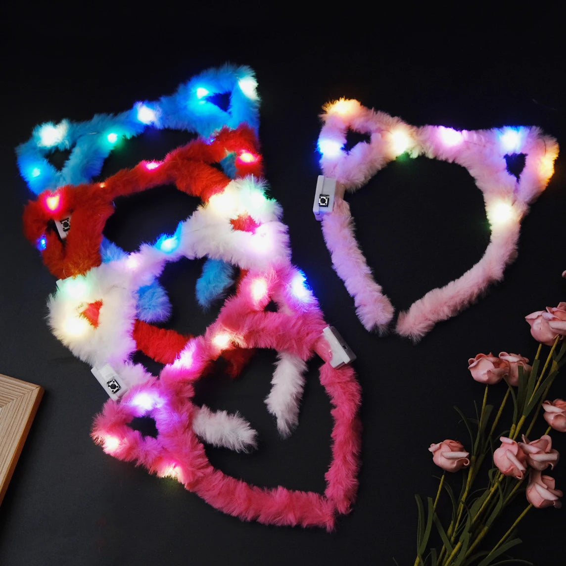10/20/30 Pcs Cute LED Plush Bear Ear Headband Kids Adult Light Up Hairband Plush Glitter Hair Hoop Headwear Glow Hair Accessorie