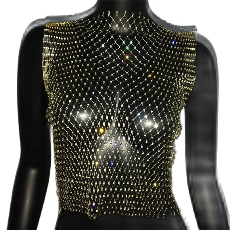 Women's Fishnet Rhinestone Crop Top 2024 Summer Sexy Mesh High Elastic Black White Shirt Net See Through Rave Diamond Tank Top