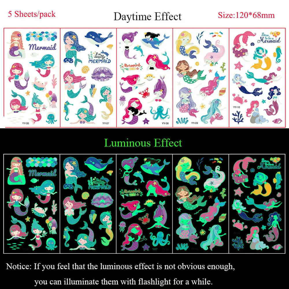 5 Sheets Luminous Tattoo Stickers Temporary Colorful Animal Dinosaur Tattoo Fake Tattoo for Body Hand Face