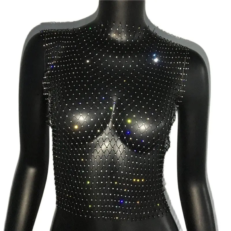 Women's Fishnet Rhinestone Crop Top 2024 Summer Sexy Mesh High Elastic Black White Shirt Net See Through Rave Diamond Tank Top