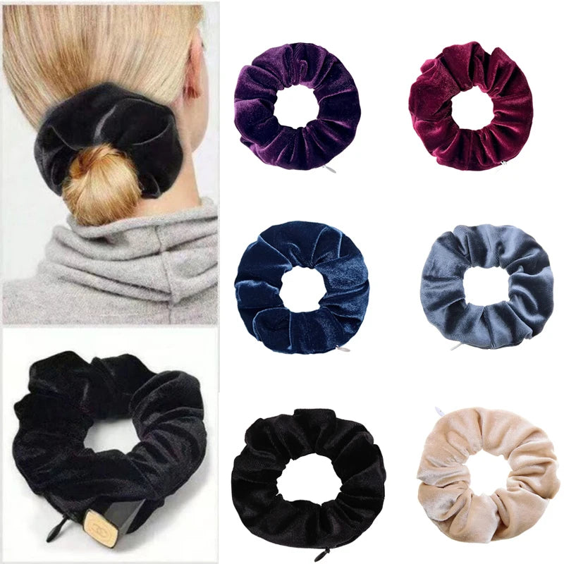 1PC Portable Hidden Safe Sight Secret Hair Tie Storage Case Hair Scrunchie With Zipper Hide Key Cash Jewelry Hair Accessories