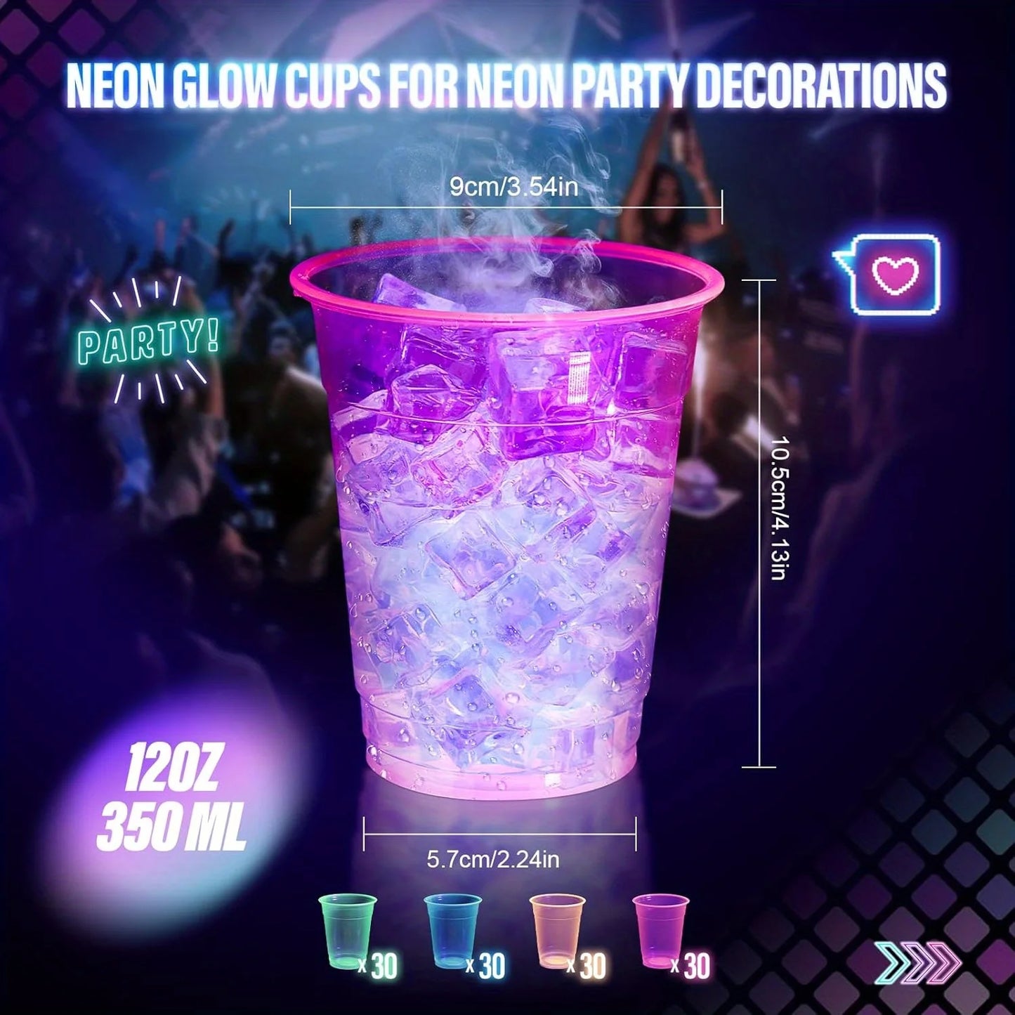 120pcs 12OZ Plastic Neon Cups: Disposable Glow Cups for UV Black Light Neon Parties. Glow-in-the-Dark for Rave, Xmas, Halloween