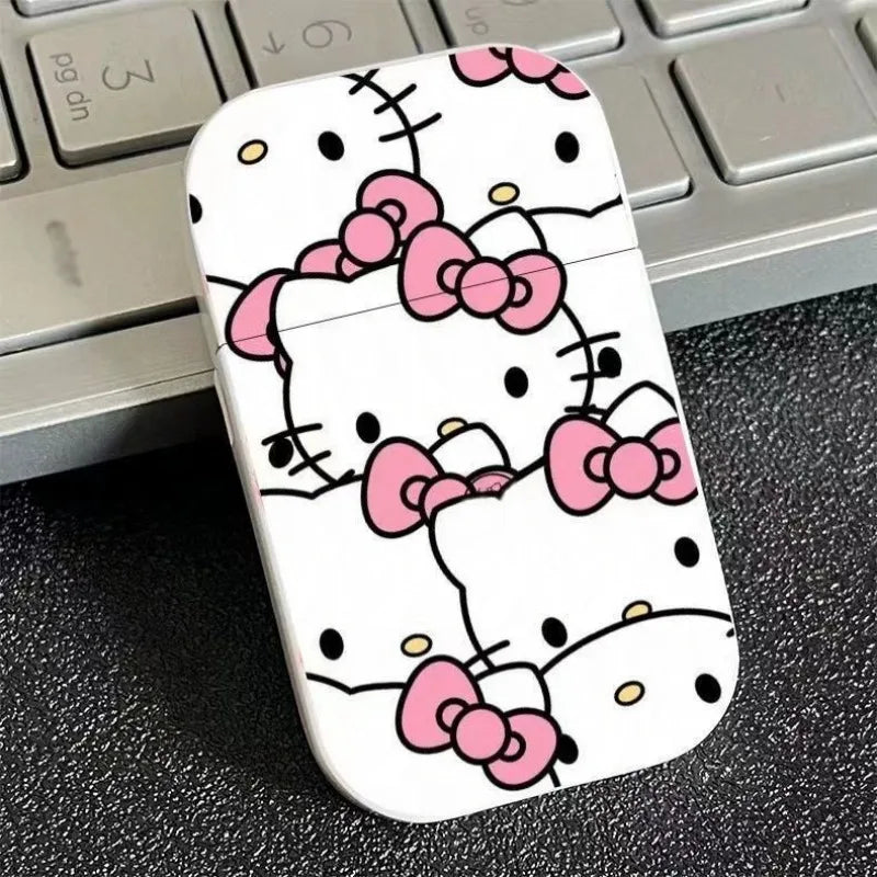 Gift Set Hello Kitty Turbo Gas Lighter, Pink Fire Windproof Metal Flip Cover Women's Lighter Jet Flame, Smoking Accessories