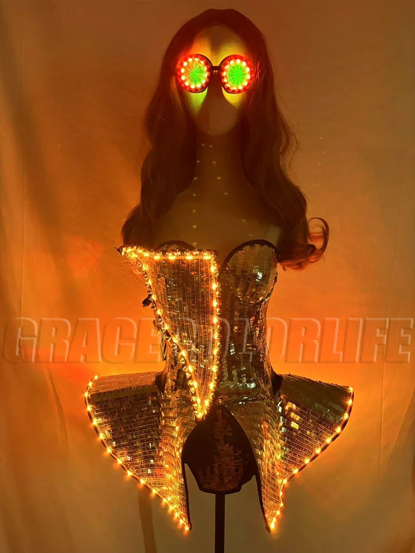 Women LED Luminous Costume GOGO Dancer Performance Dress Woman Rave Fashion Outfits Nightclub Tron Dance Party