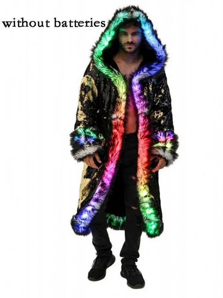 Men's Faux Fur Coat Winter Thicken Fluffy Led Lights Rave performance Luxury Fur Plus Size Jackets Long Windbreaker Coat