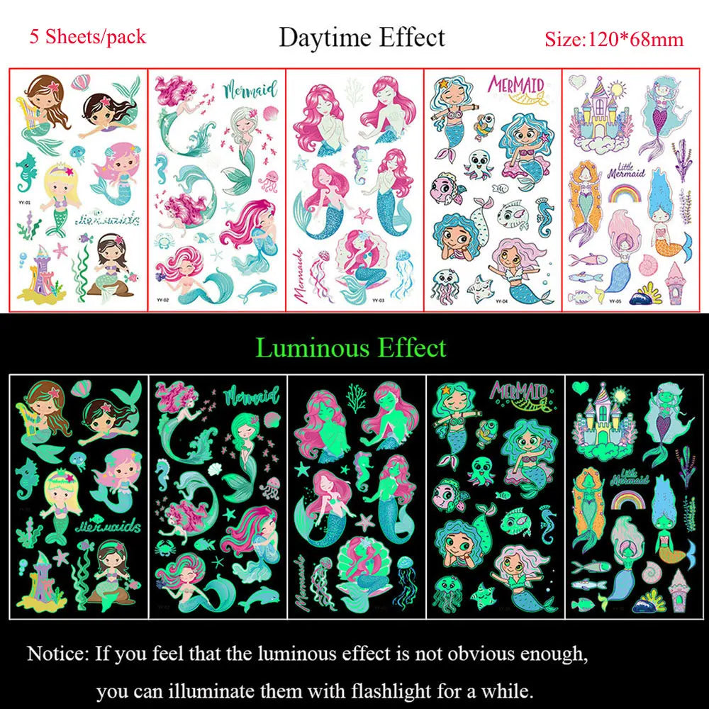 5 Sheets Luminous Tattoo Stickers Temporary Colorful Animal Dinosaur Tattoo Fake Tattoo for Body Hand Face