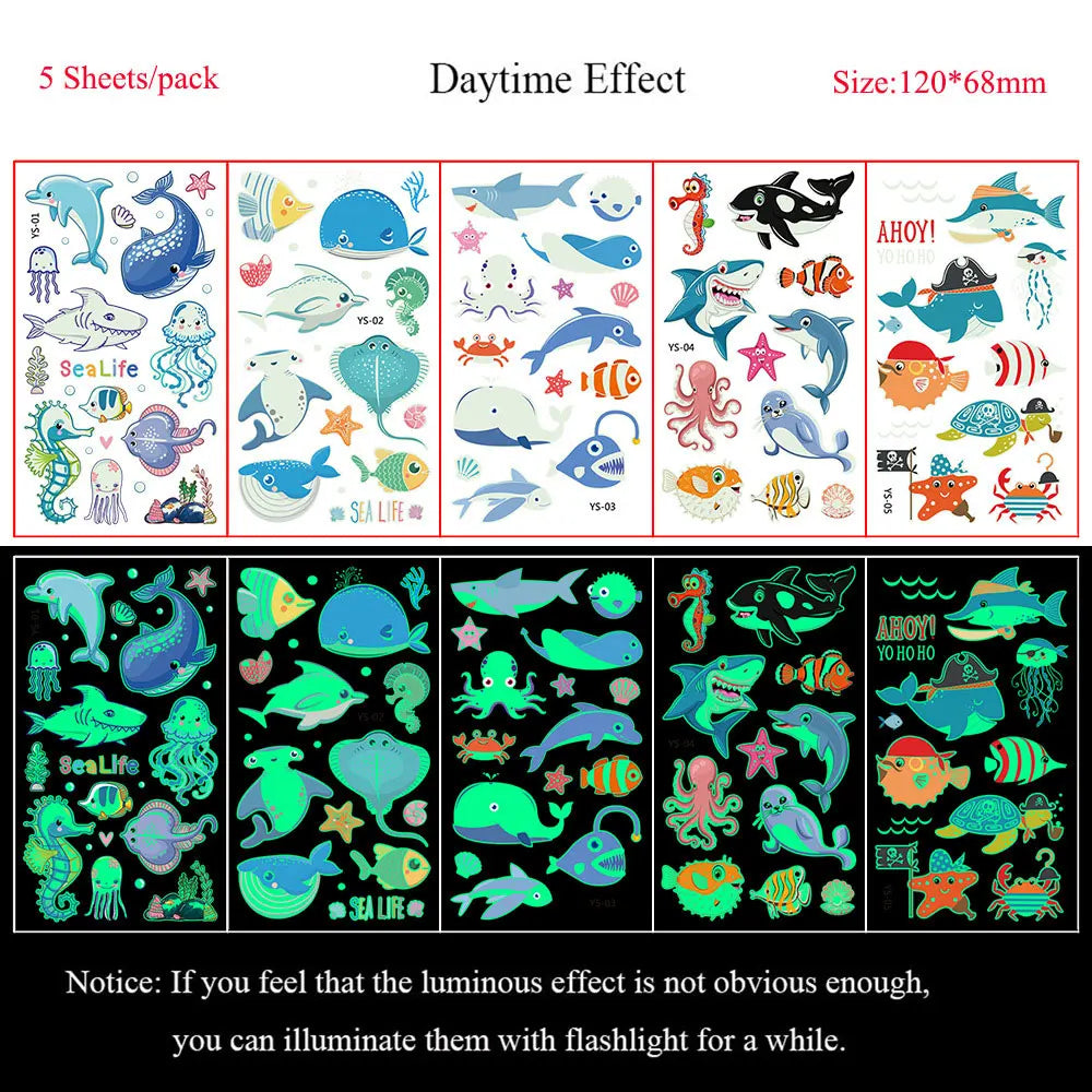5 Sheets Luminous Tattoo Stickers Temporary Colorful Animal Dinosaur Tattoo Fake Tattoo for Body Hand Face