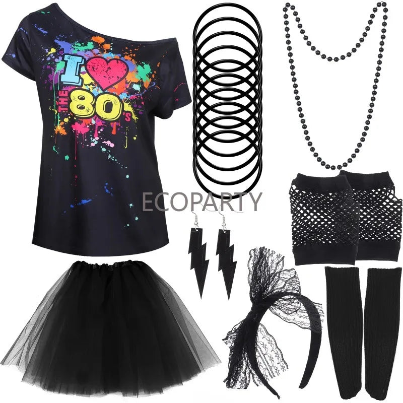 80s Fancy Dress Accessories WomenTutu Skirt Neon Fishnet Gloves Beaded Necklace Bracelet Earrings Adult 80s Party Costume Set