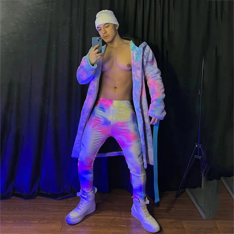 Tie-dye Fur Long Coat Leggings Men Festival Rave Outfit Male Gogo Costume Burning Man Nightclub Dj Ds Rave Clothing XS3148