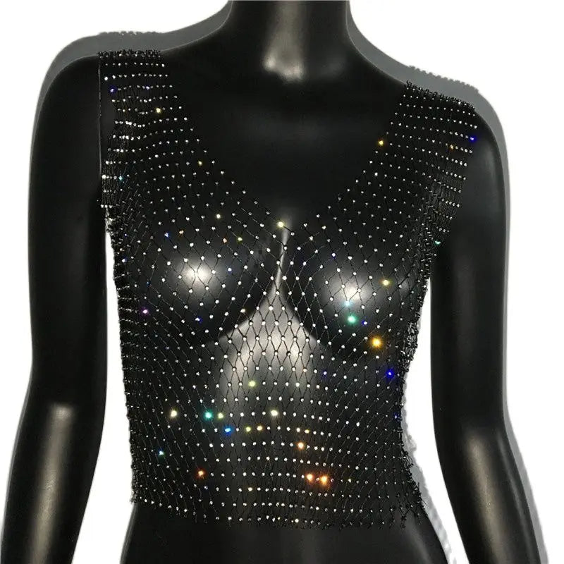Women's Fishnet Rhinestone Crop Top 2024 Summer Sexy Mesh High Elastic Black White Shirt Net See Through Rave Diamond Tank Top