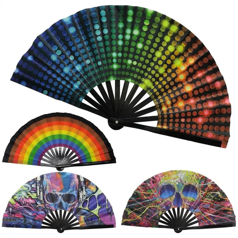 33cm Classics Folding Fan Hand Fans Rainbow Print Black Bamboo Bone Fan Cooling Handheld Fan Festival Performance Dance Fan Gift