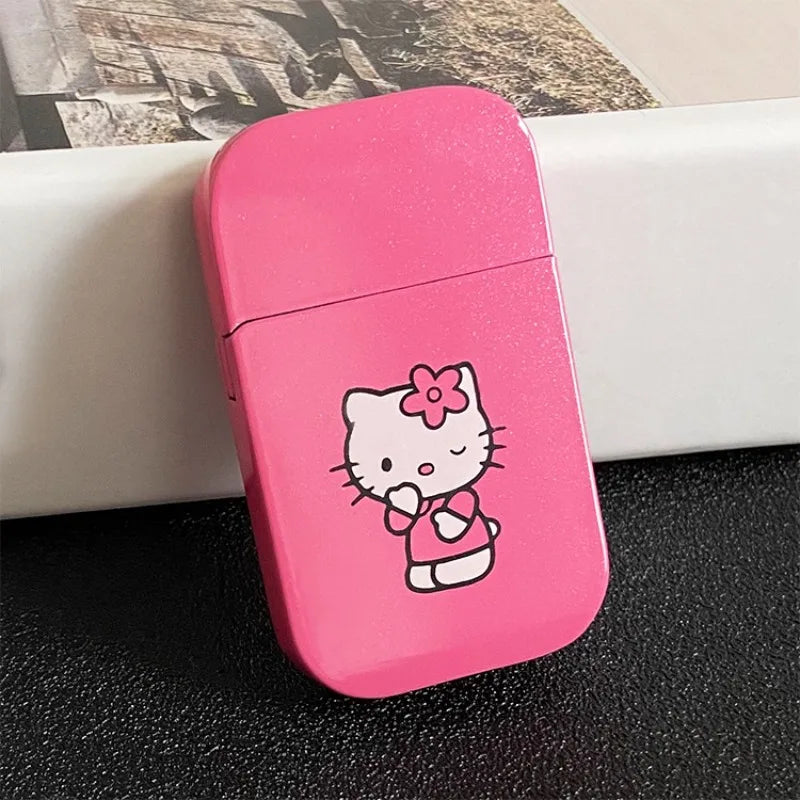 Gift Set Hello Kitty Turbo Gas Lighter, Pink Fire Windproof Metal Flip Cover Women's Lighter Jet Flame, Smoking Accessories