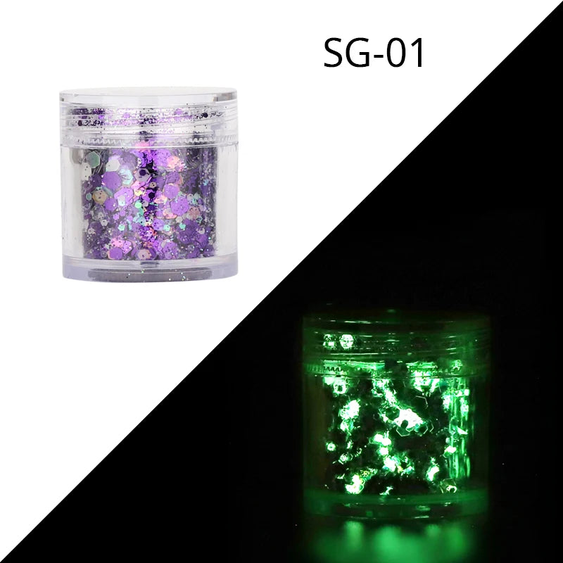15Colors Holographic Luminous Sequins Glow in the Dark Nail Art Neon Glitters Mixed Hexagon Powder Manicure Body/Eyes/Face Flake