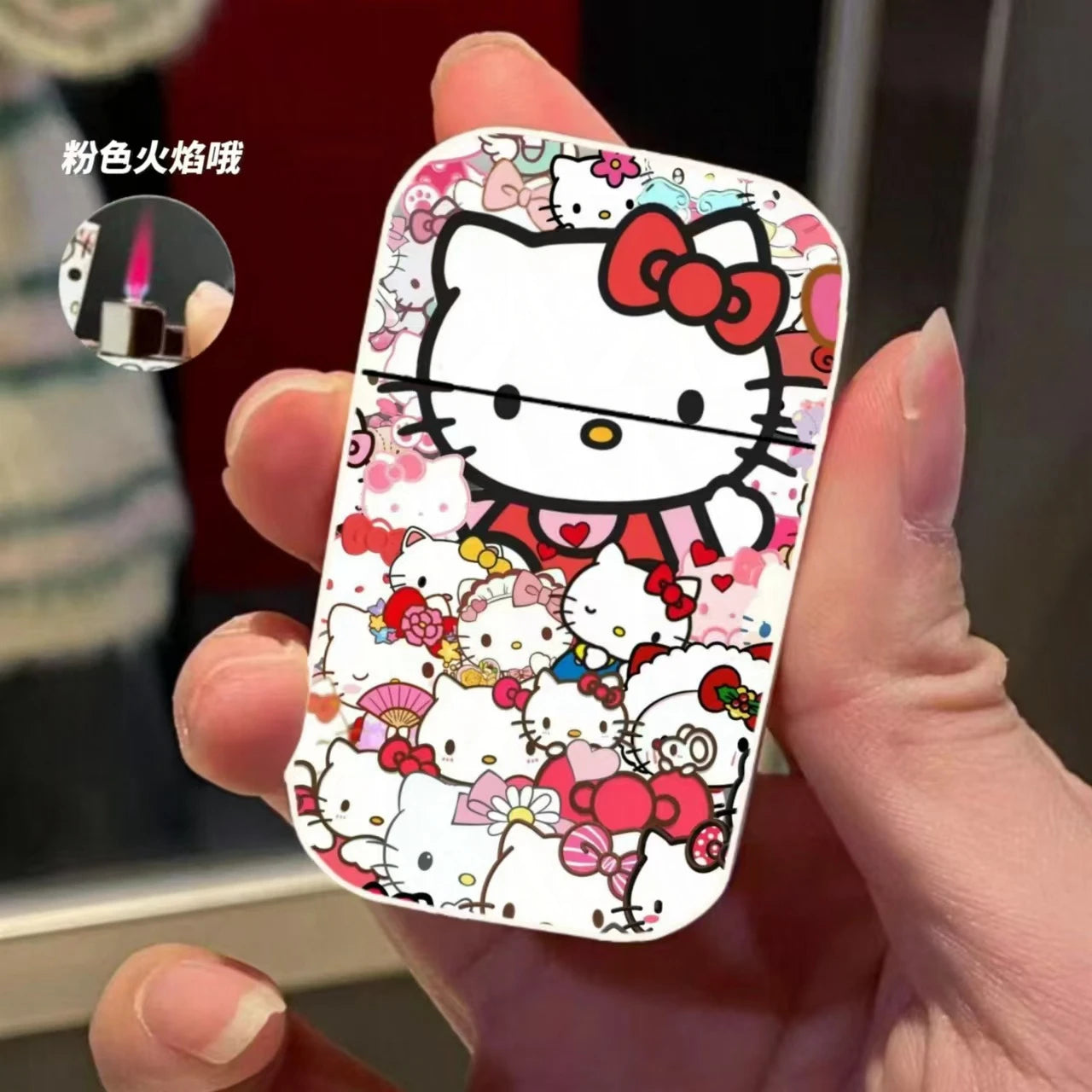 Gift Set Hello Kitty Turbo Gas Lighter, Pink Fire Windproof Metal Flip Cover Women's Lighter Jet Flame, Smoking Accessories