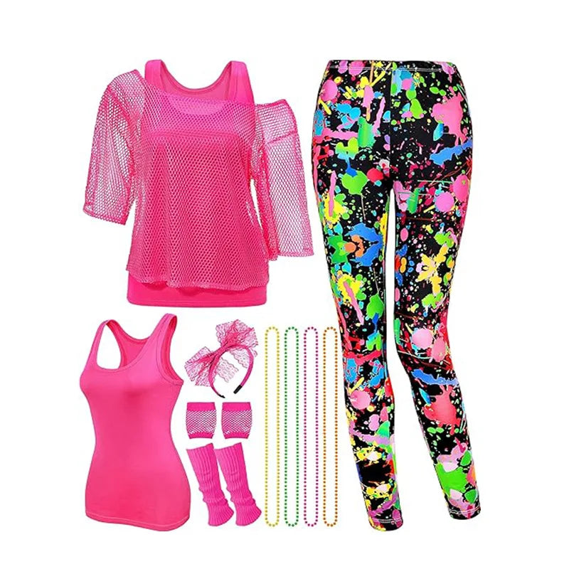 80's Women Retro Costume Set Women's 80s Leggings Fishnet Neon Shirt with Leg Warmers Necklace Bracelet Halloween Cosplay Outfit