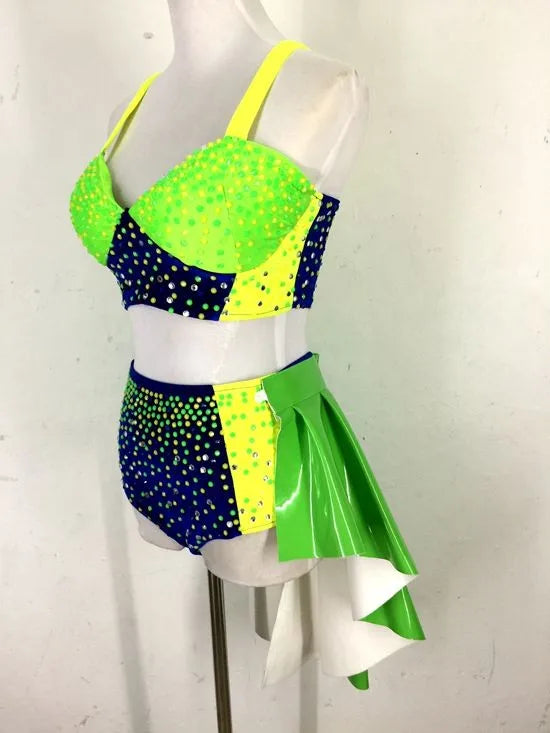 Female Sexy Pole Dance Clothing Shiny Fluorescent Rhinestones Bikini Female Stage Performance Costume Nightclub Dj Rave Outfit