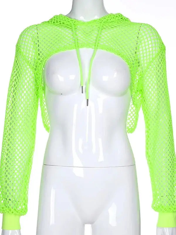 Rockmore Hooded Hoodie Tshirt Ladies Neon Green Shirts Women oversized Long Sleeve Crop Top Transparent Mesh T-Shirt Streetwear