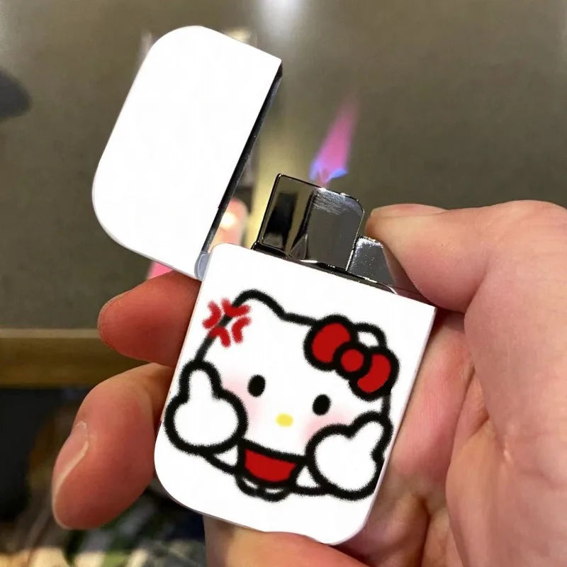 Gift Set Hello Kitty Turbo Gas Lighter, Pink Fire Windproof Metal Flip Cover Women's Lighter Jet Flame, Smoking Accessories