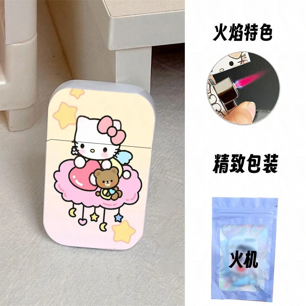 Gift Set Hello Kitty Turbo Gas Lighter, Pink Fire Windproof Metal Flip Cover Women's Lighter Jet Flame, Smoking Accessories