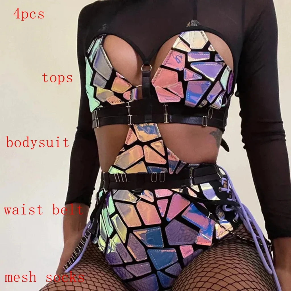 2 Style Sexy Purple Laser Mirrors Bikini/Bodysuit Mesh Socks Set Dancer Stage Singer Nightclub Bar Party Show Rave Suit