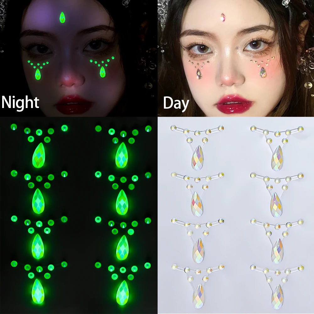 1pc 5D Fluorescence Glitter AB Water-Drop Tear Rhinestone Face Sticker Glow-In-Dark Crystal Face Slider DIY Party MakeUp Daimond