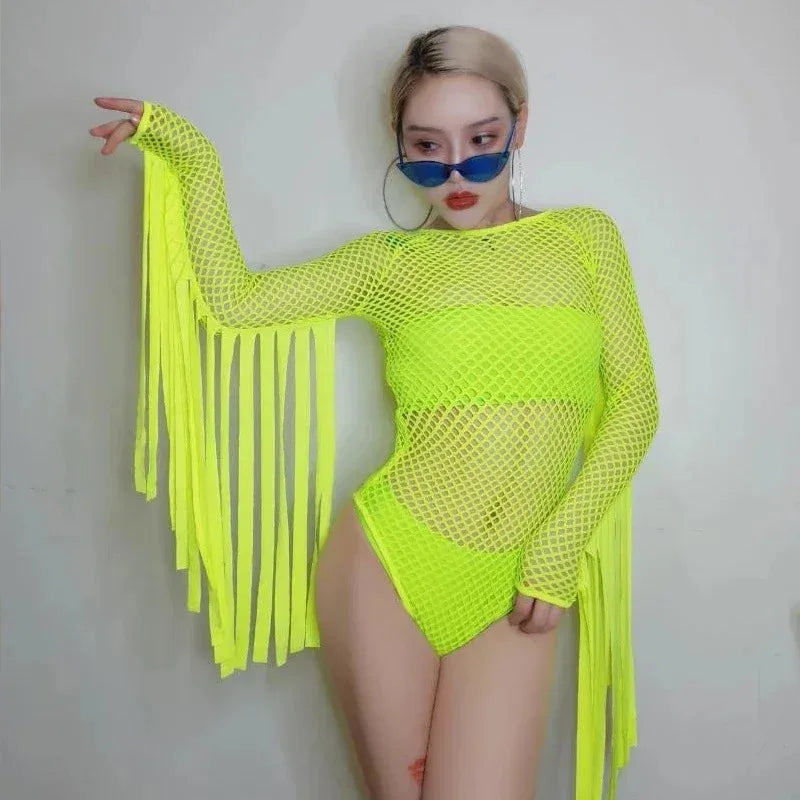 Cosjie Jazz Dance Costume Neon Green Tassel Jumpsuit Nightclub Gogo Dancer Stage Hip Hop Clothes Dj Suit Female Rave Bodysuit