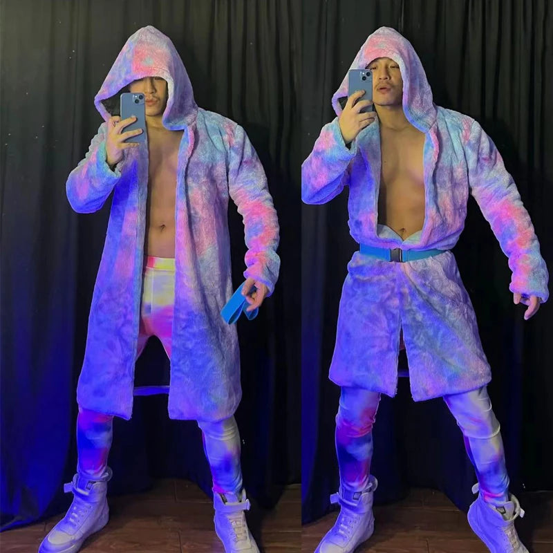 Tie-dye Fur Long Coat Leggings Men Festival Rave Outfit Male Gogo Costume Burning Man Nightclub Dj Ds Rave Clothing XS3148