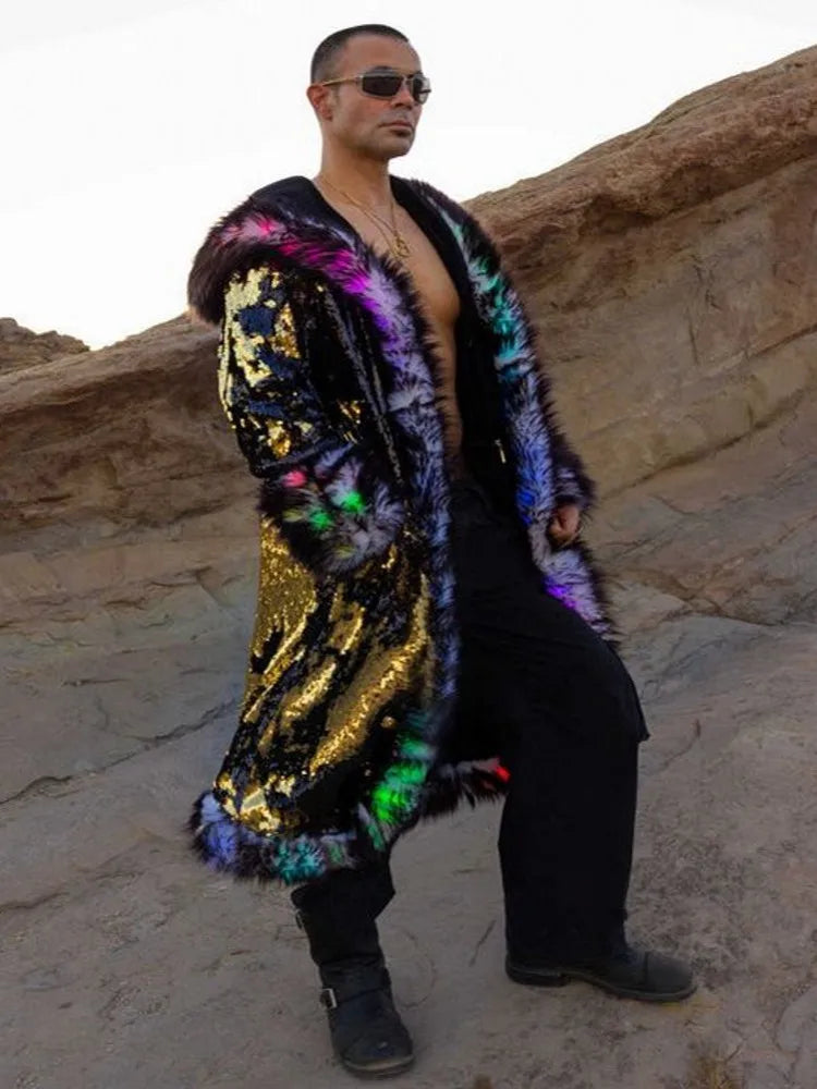 Men's Faux Fur Coat Winter Thicken Fluffy Led Lights Rave performance Luxury Fur Plus Size Jackets Long Windbreaker Coat
