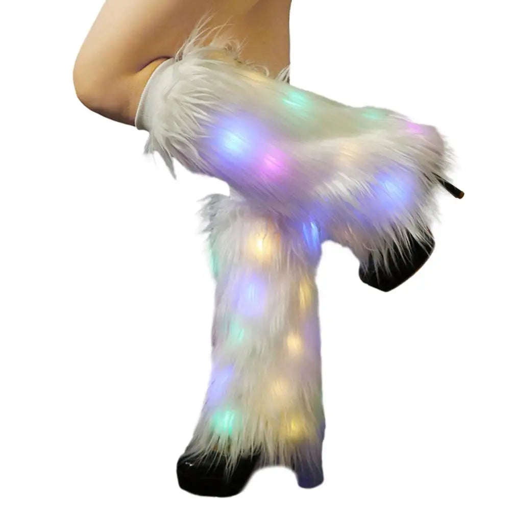 Imitation Fur Leg Warmers For Women Neon Rave Led Fluffy 80s Sexy Furry Light Up Leggings Girls Boot Calf Covers Christmas Costu