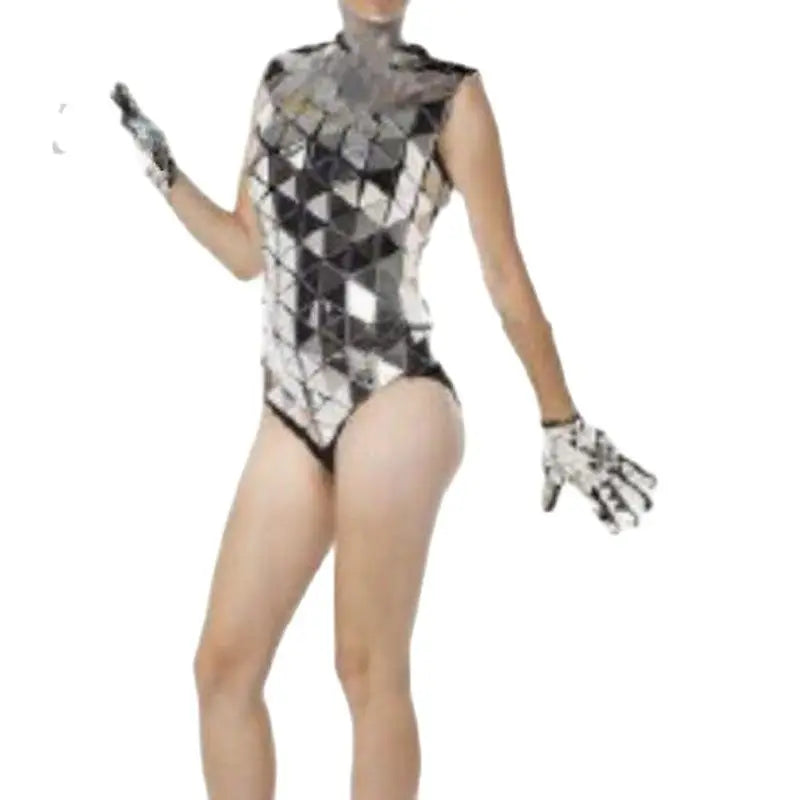 Mirror High Slit Bodysuit Lens Sequins Bodysuit Gogo Costume Women Nightclub Dj Ds Sexy Pole Dance Clothes Stage Outfit XS3536
