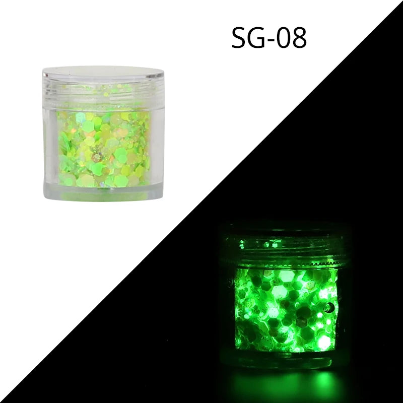 15Colors Holographic Luminous Sequins Glow in the Dark Nail Art Neon Glitters Mixed Hexagon Powder Manicure Body/Eyes/Face Flake