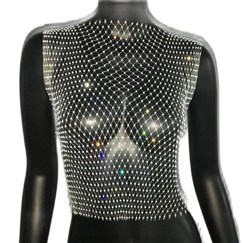 Women's Fishnet Rhinestone Crop Top 2024 Summer Sexy Mesh High Elastic Black White Shirt Net See Through Rave Diamond Tank Top
