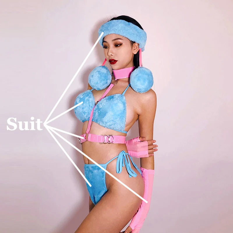 Blue Plush Bodysuit Sexy Pole Dance Costume Dj Ds Bikini Adult Party Rave Outfit Nightclub Bar Gogo Dancing Clothes VDB5234