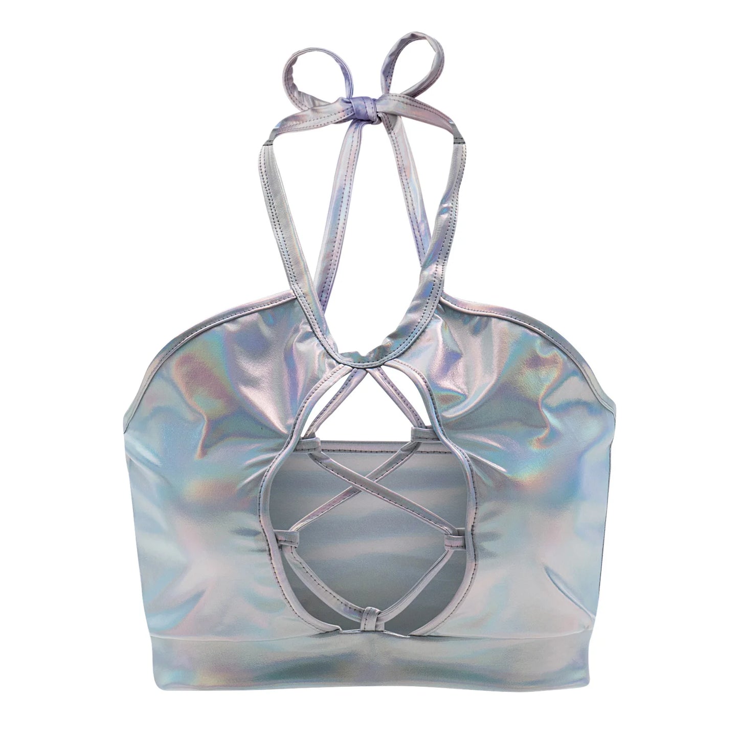Sexy Shiny Bra Crop Tops Vetement Pole Dance Clothes Holographic Costumes Womens Festival Roupa Metallic Rave Bra Halter Wetlook