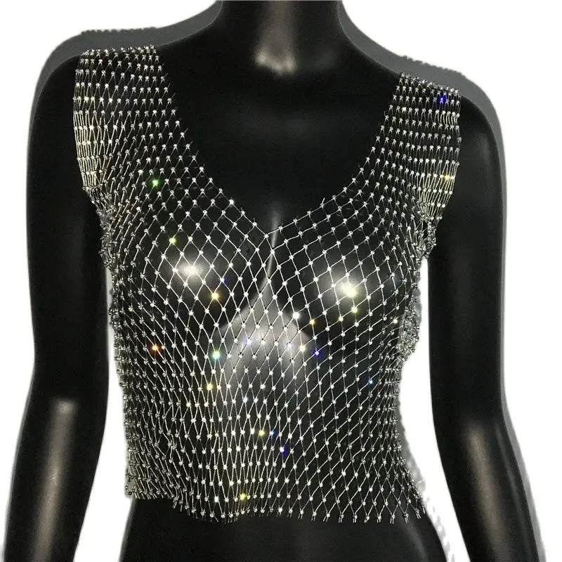 Women's Fishnet Rhinestone Crop Top 2024 Summer Sexy Mesh High Elastic Black White Shirt Net See Through Rave Diamond Tank Top